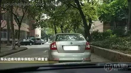 车头边缘与前车保险杠下缘重合